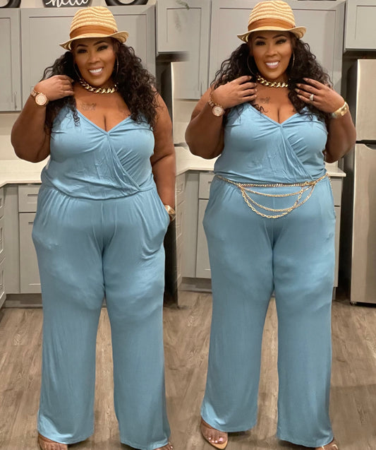 PLUS SIZE SPAGHETTI STRAP JUMPSUIT -BLUE