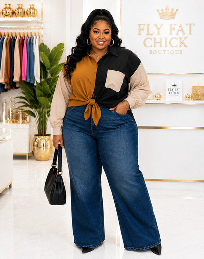 PLUS SIZE LONG SLEEVE BUTTON UP FRONT POCKET COLORBLOCK SHIRT