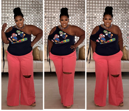 PLUS SIZE WIDE LEG SLICED KNEE -POCKET PANTS-NEON CORAL