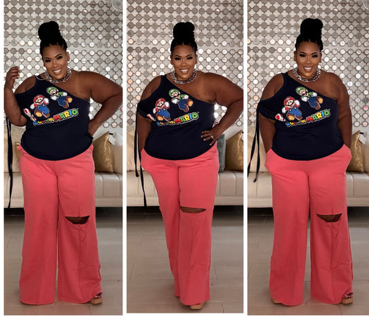 PLUS SIZE WIDE LEG SLICED KNEE -POCKET PANTS-NEON CORAL
