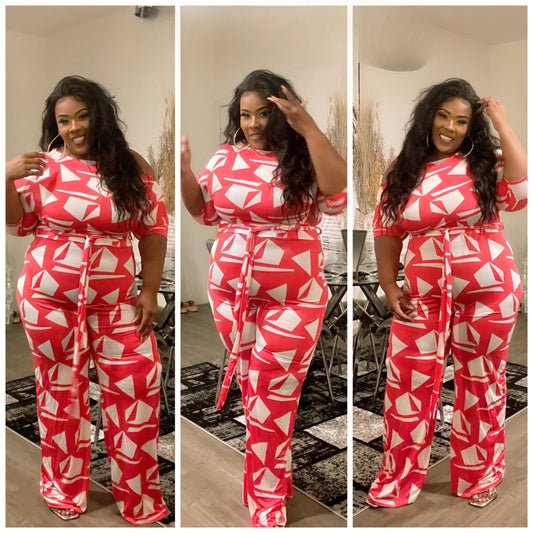 MELON/WHITE PRINTED JUMPSUIT W/BELT