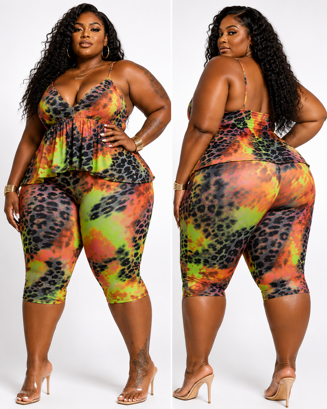 Plus Size "BEAUTIES ONLY"2-PIECE CAPRI SET-LIME MIX-75