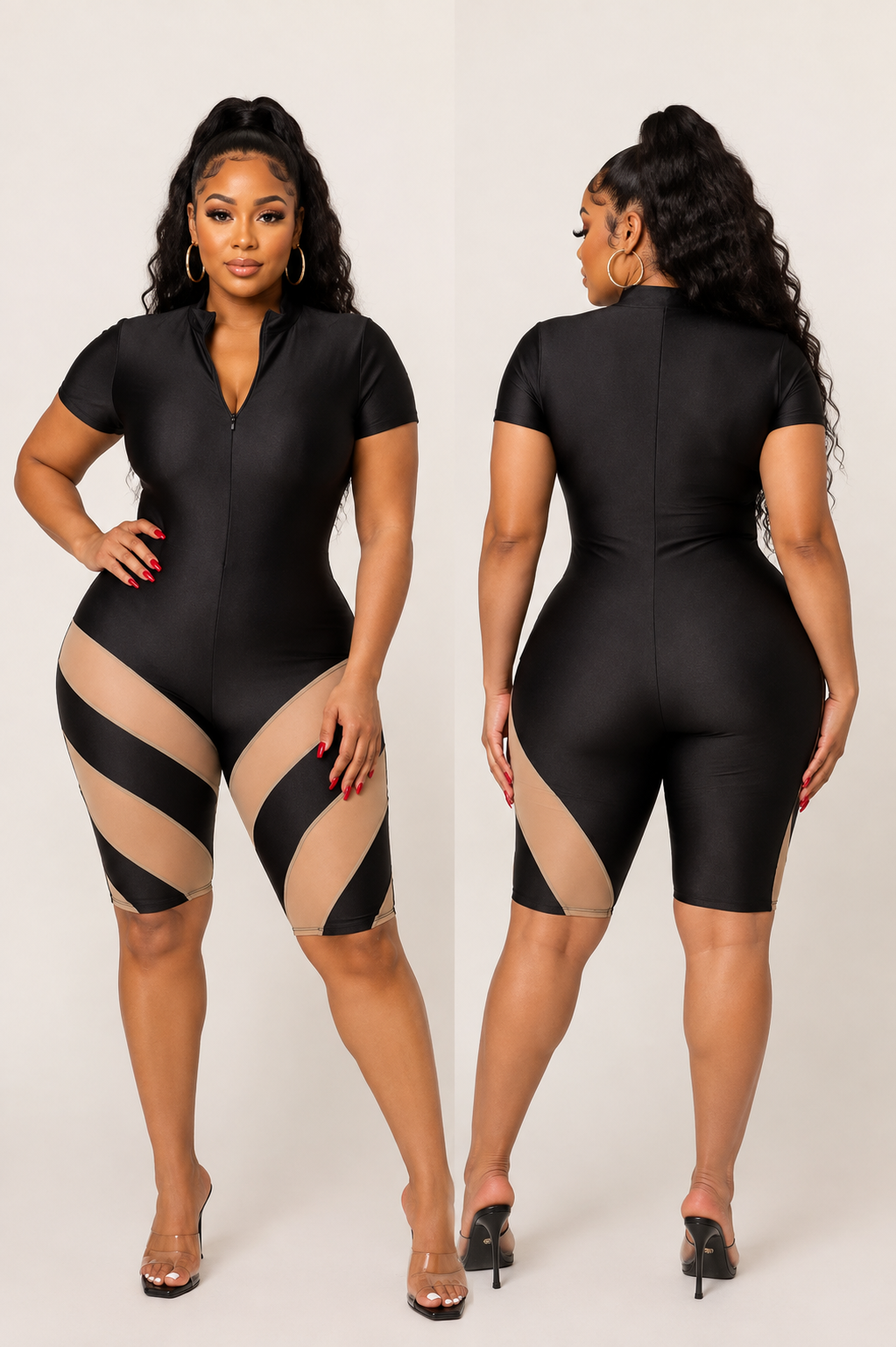 Bottom Contrast Mesh Front Zipper Romper-black/nude