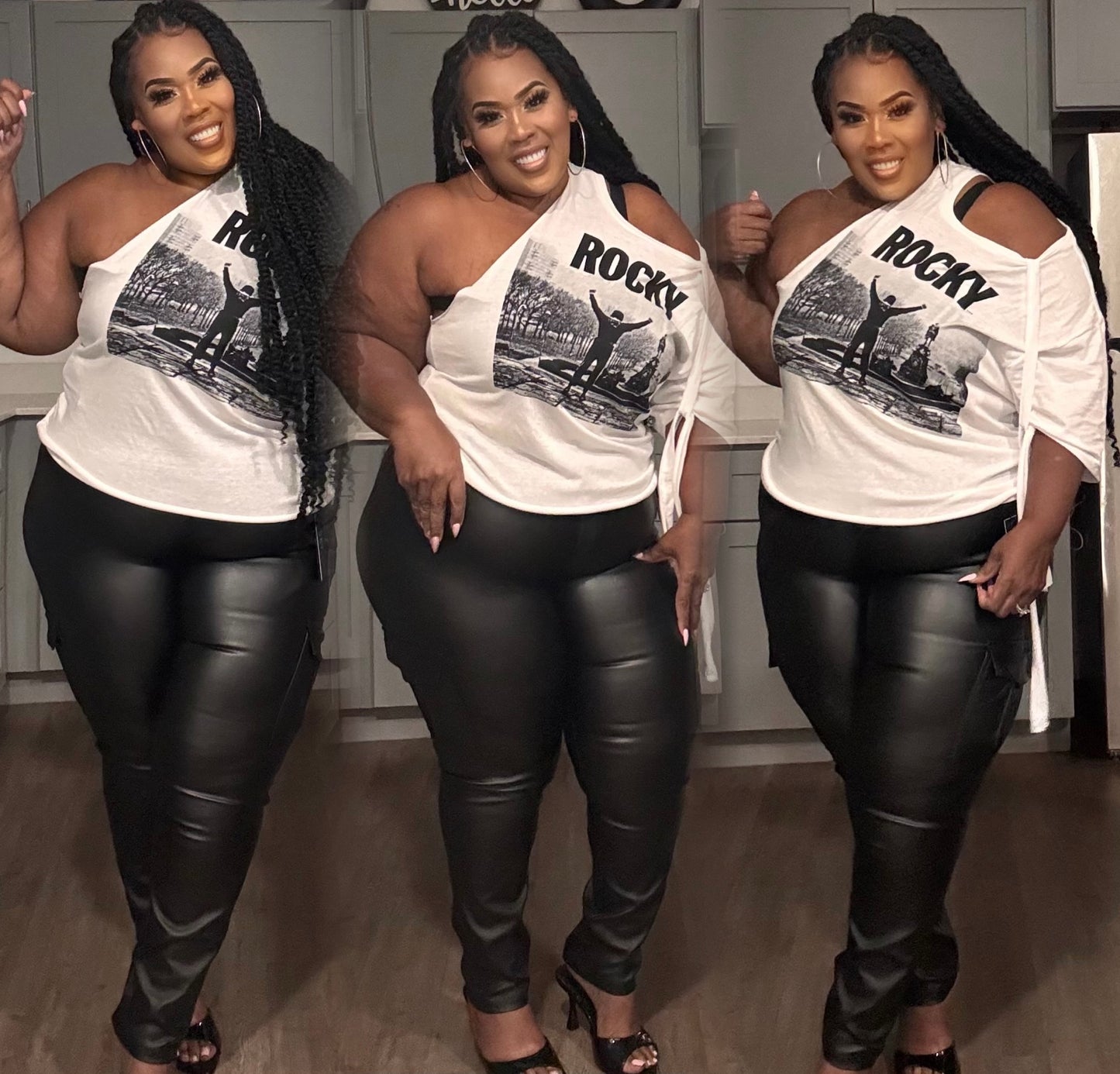 PLUS SIZE CARGO FAUX LEATHER PAINTED ON STRAIGHT LEG PANTS