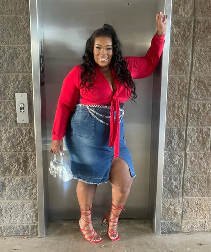 PLUS SIZE STRETCHY ZIPPER FRONT DENIM PENCIL SKIRT