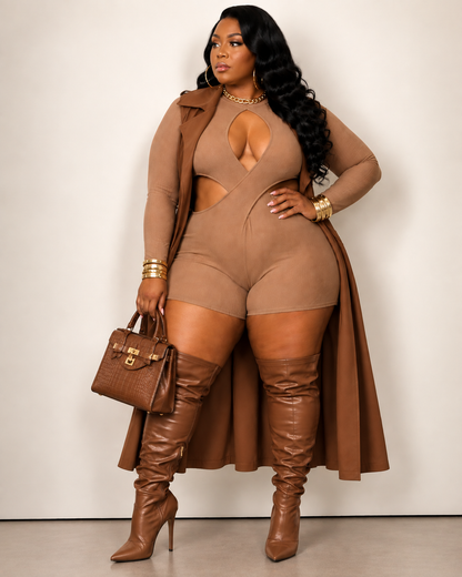 PLUS SIZE LONG SLEEVE FRONT CUT OUT ROMPER-KHAKI-63