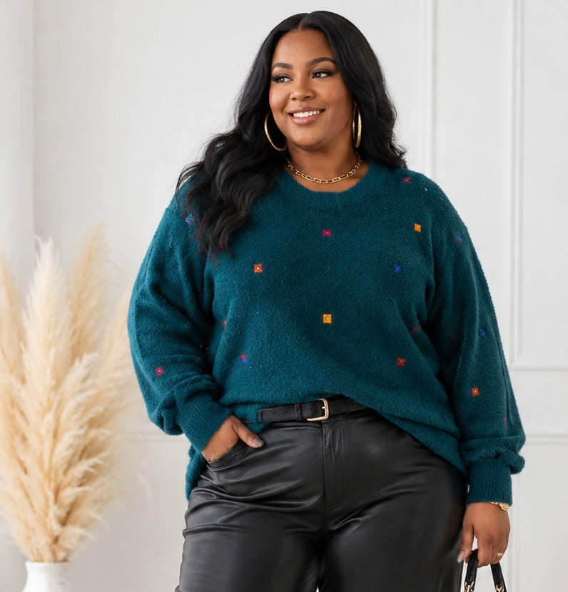PLUS SIZE LONG SLEEVE STUDS PULLOVER SWEATER