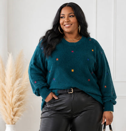 PLUS SIZE LONG SLEEVE STUDS PULLOVER SWEATER
