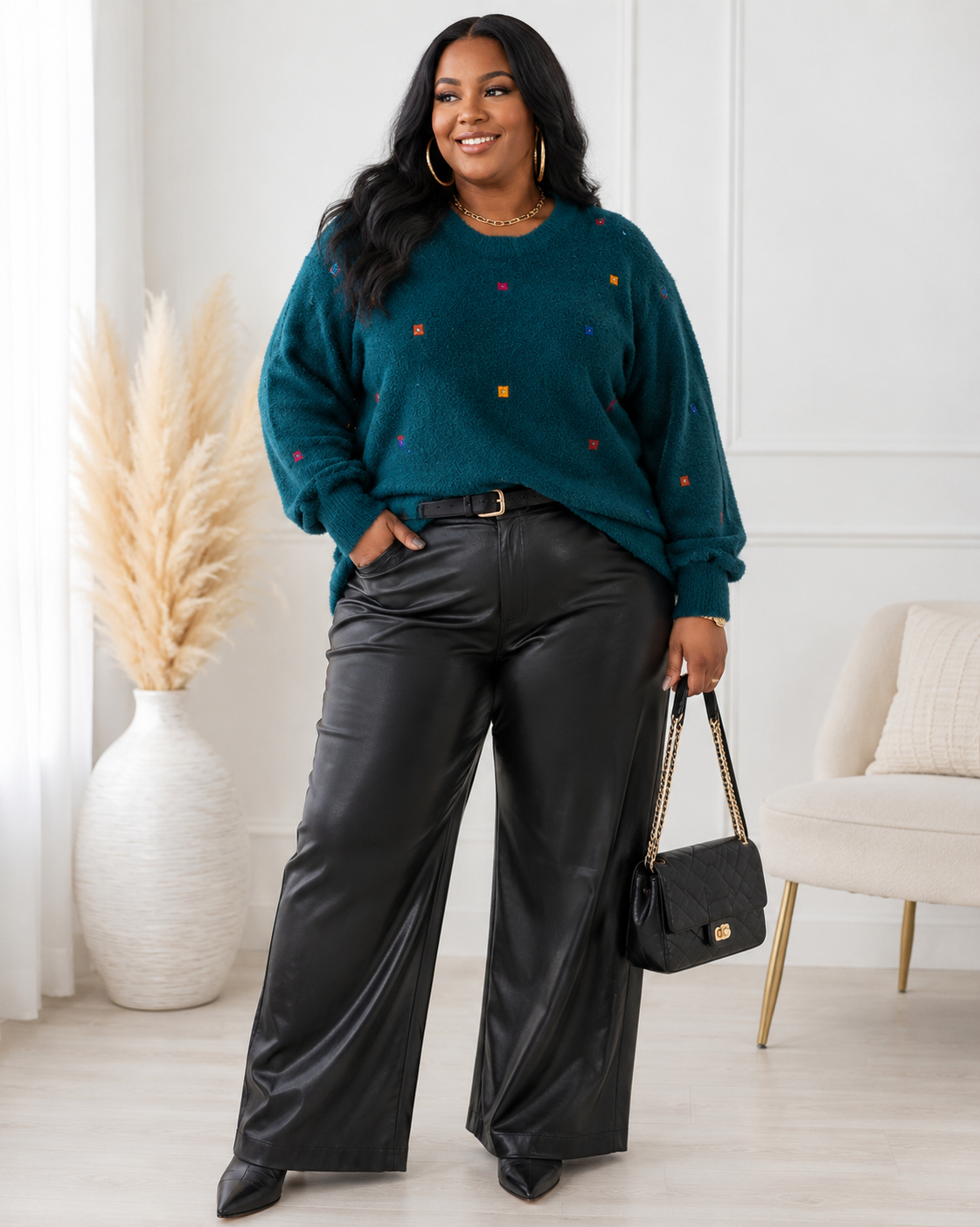 PLUS SIZE LONG SLEEVE STUDS PULLOVER SWEATER