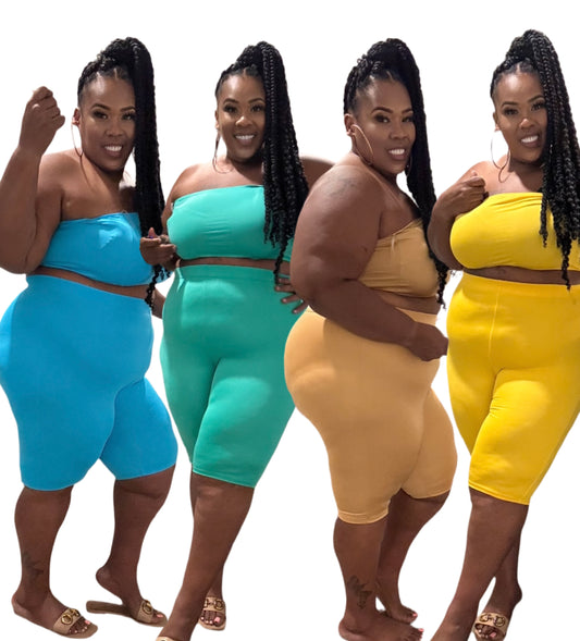 PLUS SIZE 2-PIECE HALTER TOP & BIKER SHORT SET