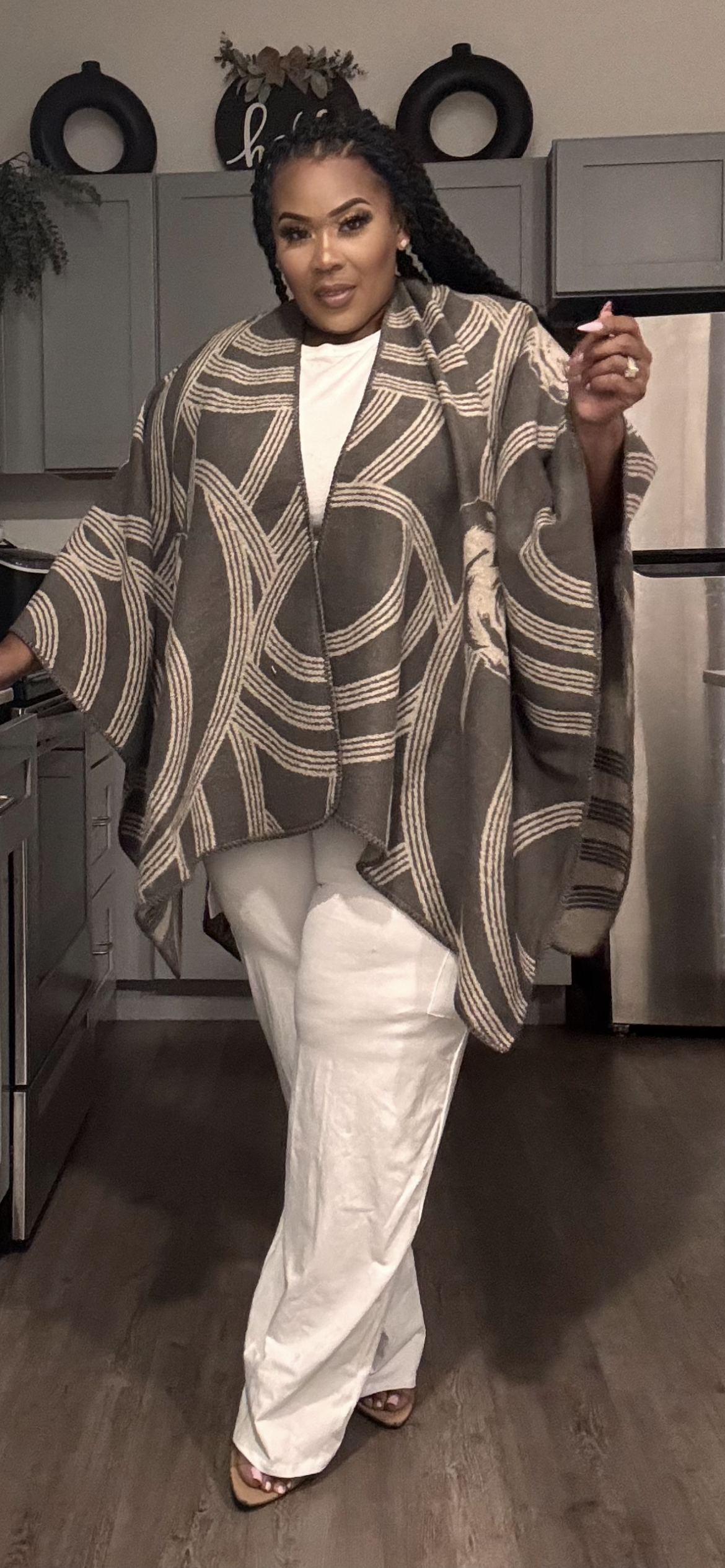 PLUS SIZE GEOMETRIC PRINT OPEN FRONT KIMONO-GREY