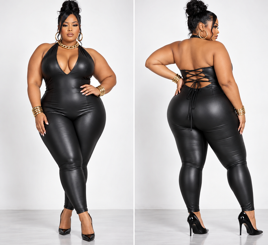 PLUS SIZE FAUX LEATHER CAGED BACK JUMPSUIT-32