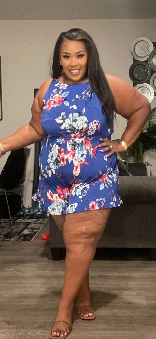 PLUS SIZE FLIRTY MINI FLORAL SHORT ROMPER-ROYAL BLUE