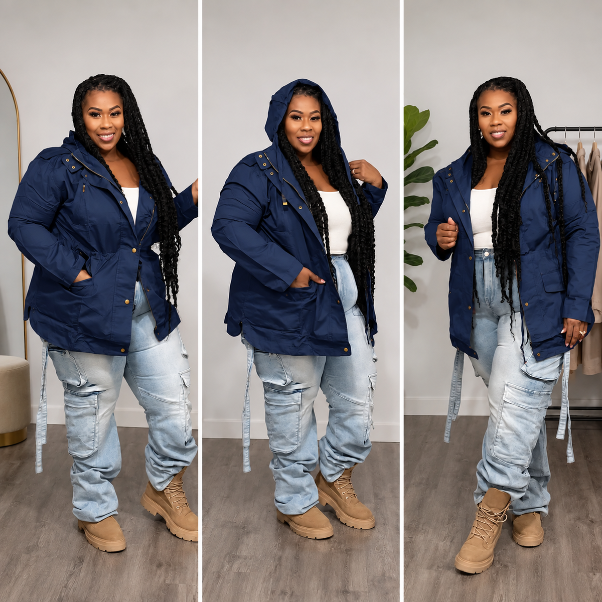 PLUS SIZE HOODED CARGO JACKET-NAVY BLUE-14