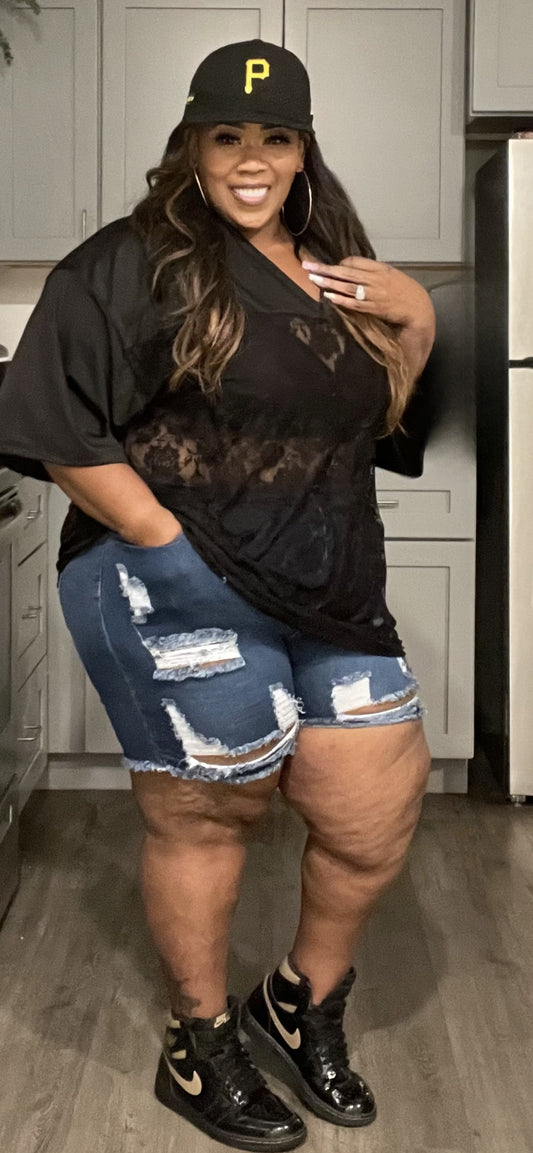 PLUS SIZE LACE JERSEY TOP-BLACK