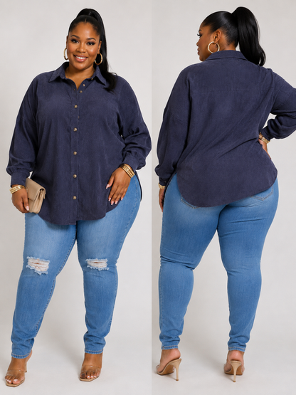 PLUS SIZE LONG SLEEVE FRONT POCKET BUTTON UP CORDUROY SHIRT-NAVY BLUE-50