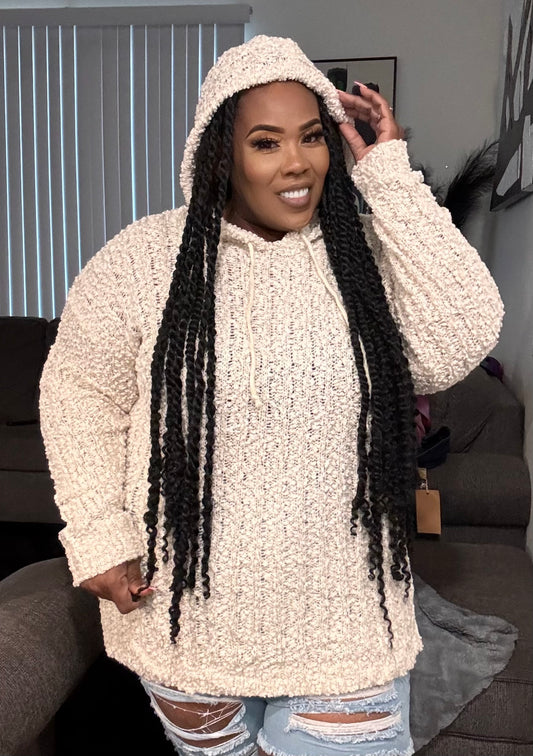 PLUS SIZE POPCORN TUNIC HOODIED SWEATER -CREAM