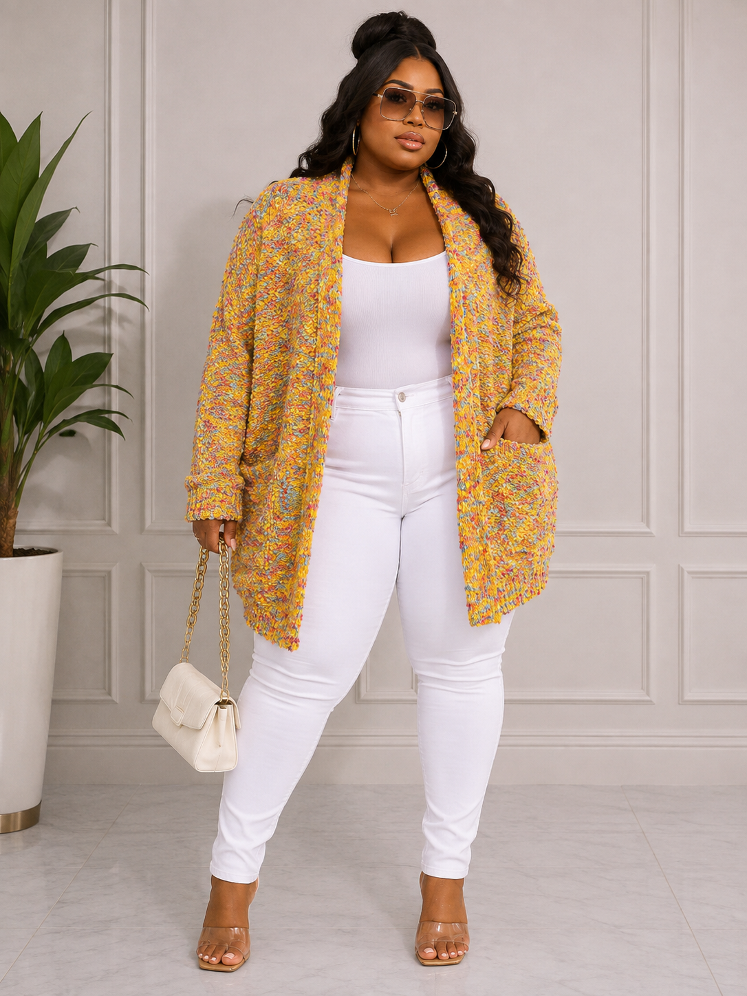 PLUS SIZE OPEN FRONT POCKETS MULTI MUSTARD CARDIGAN