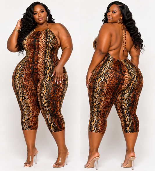 PLUS SIZE " SLITHER & SERVE" JUMPSUIT-BROWN MIX-74