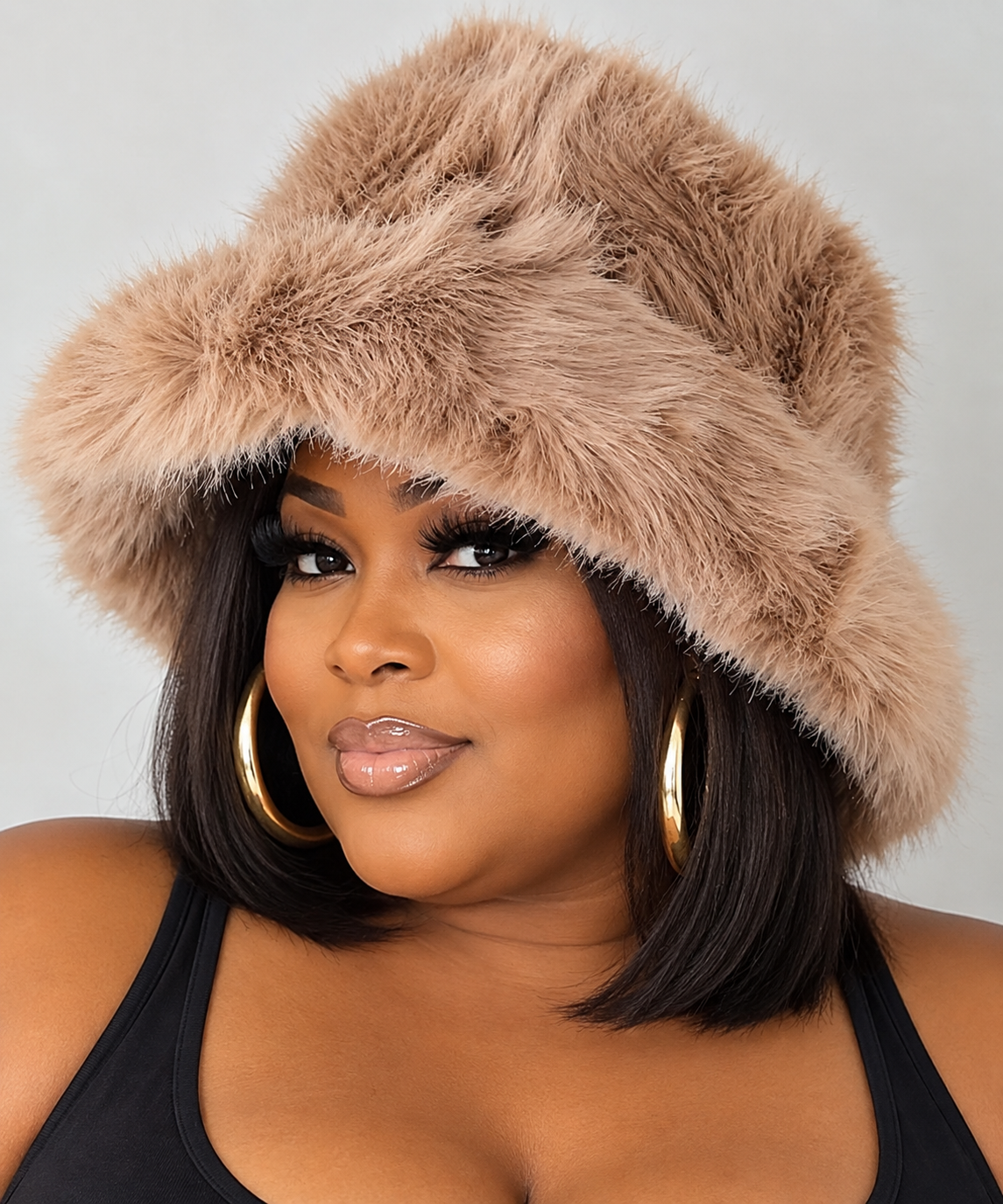 Wide Fluffy Faux Fur Bucket Hat-BEIGE