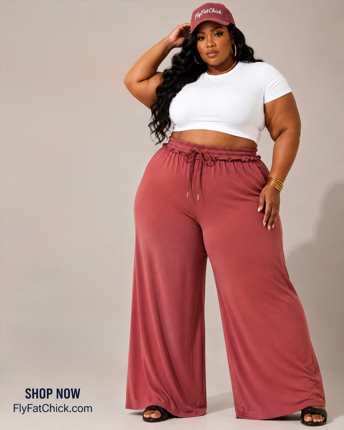 PLUS SIZE COTTON WIDE-LEG PANTS-BRICK-45