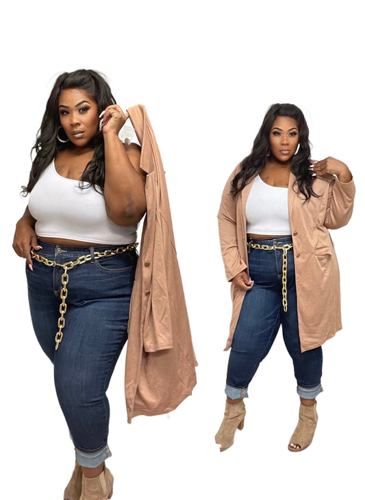 PLUS SIZE LONG DOUBLE BUTTON BLAZER/JACKET-KHAKI-33