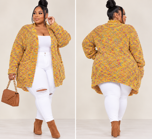 PLUS SIZE OPEN FRONT POCKETS MULTI MUSTARD CARDIGAN-27