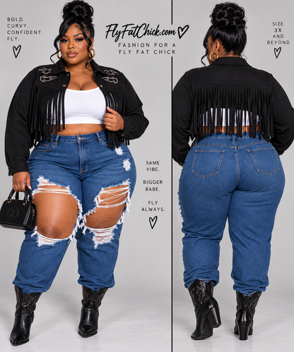 PLUS SIZE STRETCHY FAUX SUEDE FRINGE COP JACKET-BLACK-61