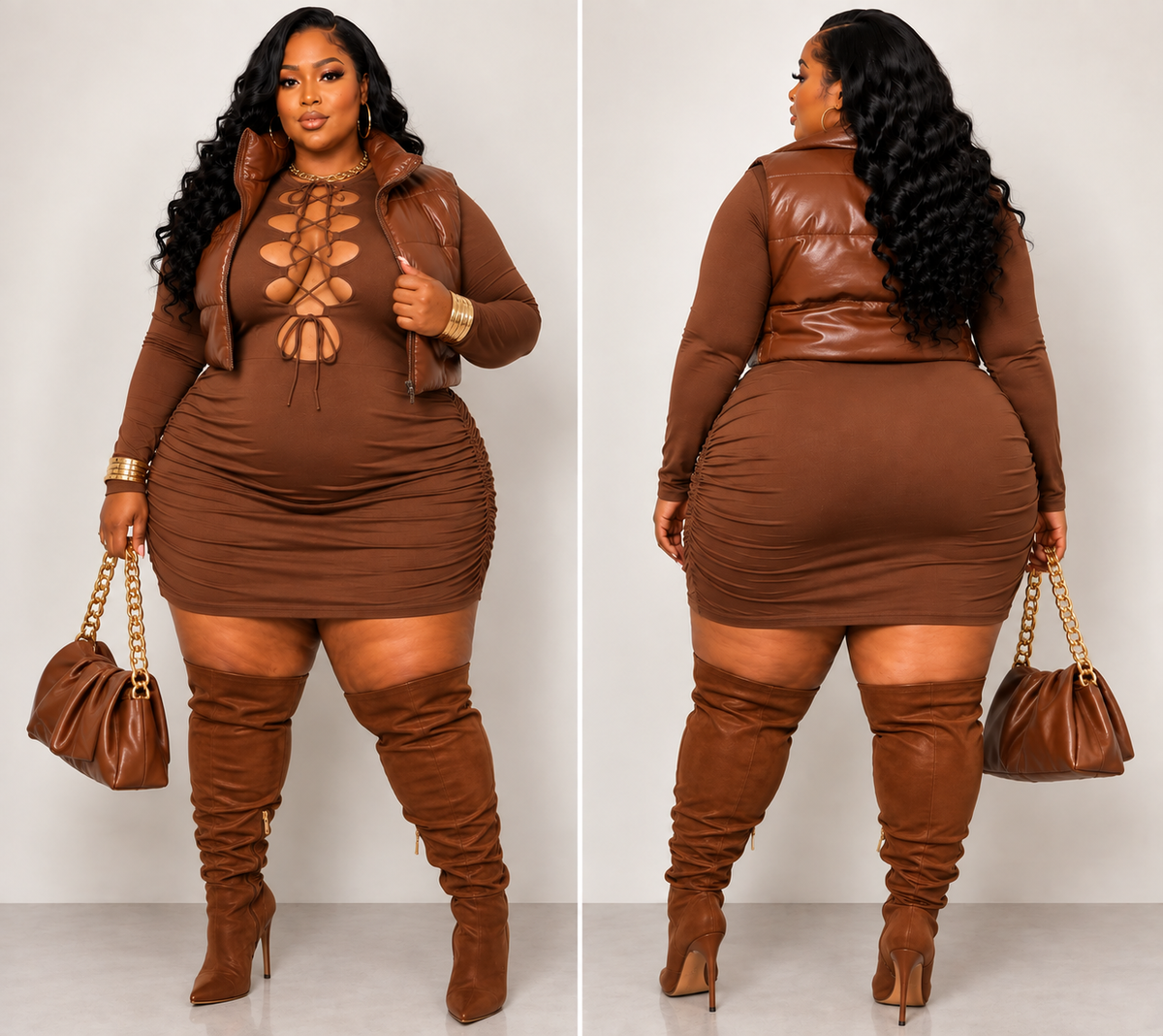 PLUS SIZE LONG SLEEVE FRONT CAGED BODYCON MINI DRESS-60