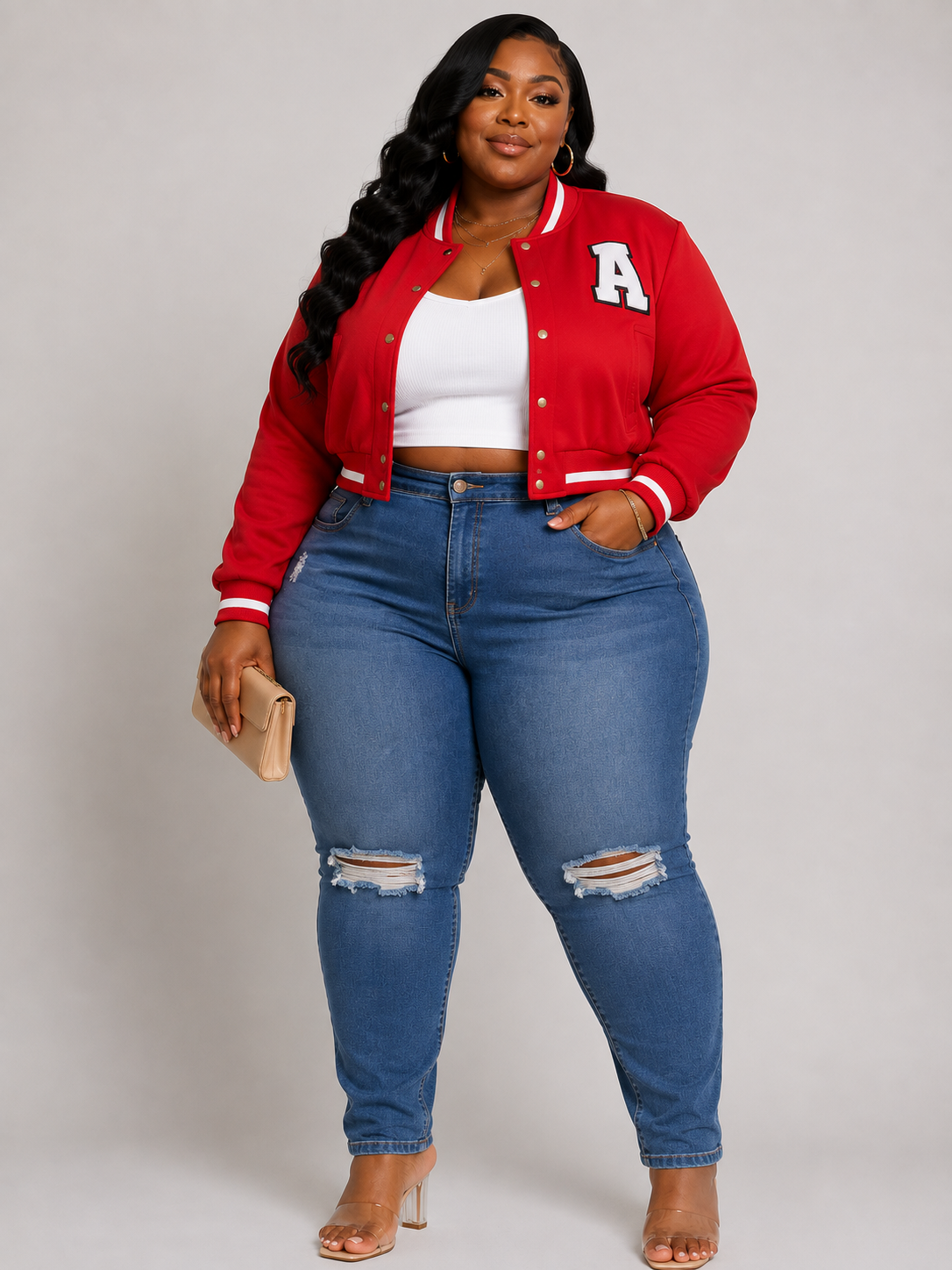 PLUS SIZE "BIG LEAGUE BADDIE" CROP JACKET-RED