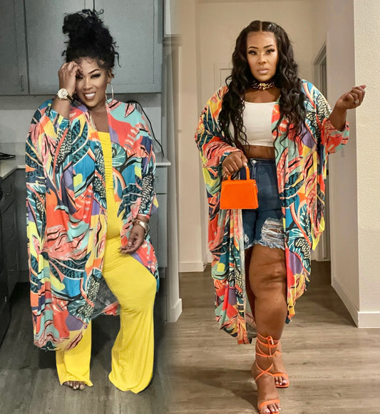 PLUS SIZE MULTI Mesh Long Sleeve Kimono Cardigan-MULTI