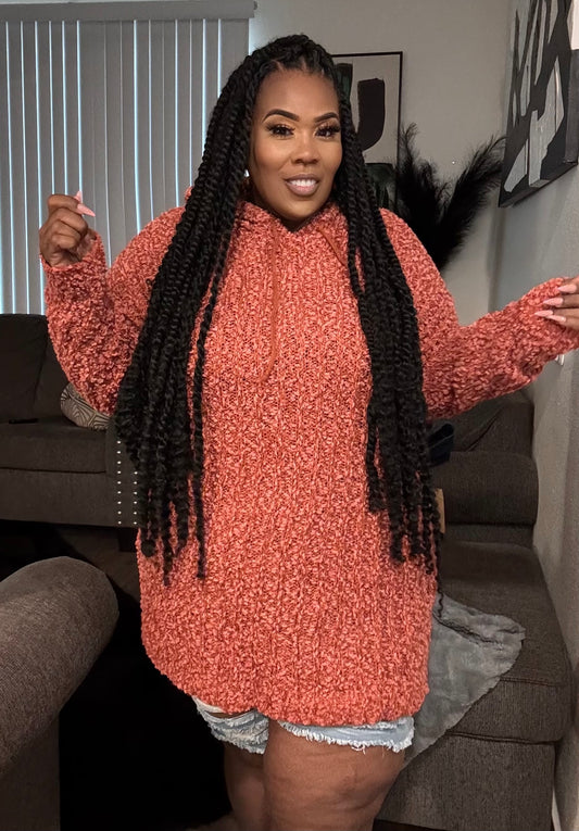 PLUS SIZE POPCORN TUNIC HOODIED SWEATER -RUST