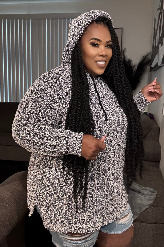 PLUS SIZE POPCORN TUNIC HOODIED SWEATER -BLACK/WHITE MIX
