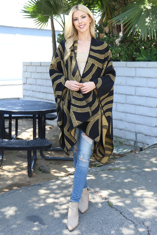 PLUS SIZE GEOMETRIC PRINT OPEN FRONT KIMONO-BLACK/GOLD