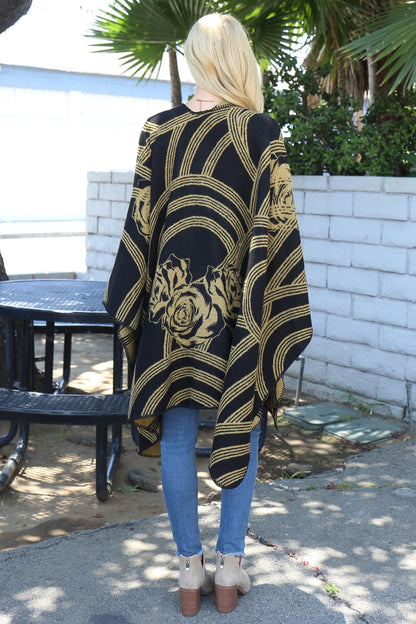 PLUS SIZE GEOMETRIC PRINT OPEN FRONT KIMONO-BLACK/GOLD