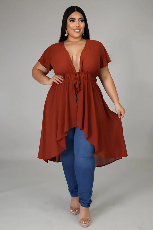 PLUS SIZE TIE FRONT RUFFLED HI/LOW TOP
