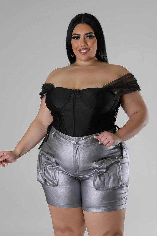 PLUS STRETCHY FAUX LEATHER BIG POCKET SHORTS-PEWTER