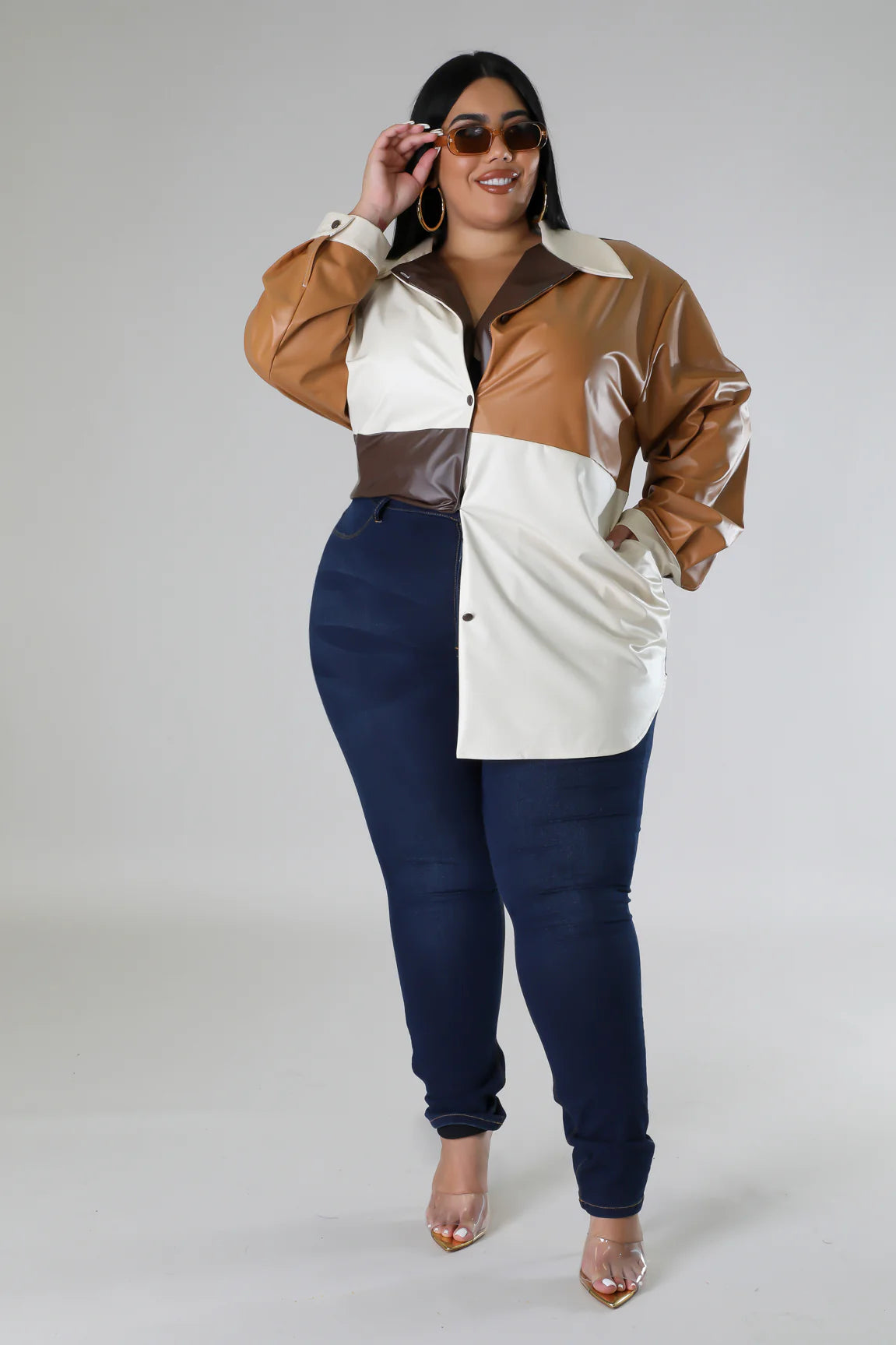 PLUS SIZE FAUX LEATHER COLOR BLOCK BUTTON TOP***TOP ONLY**-02