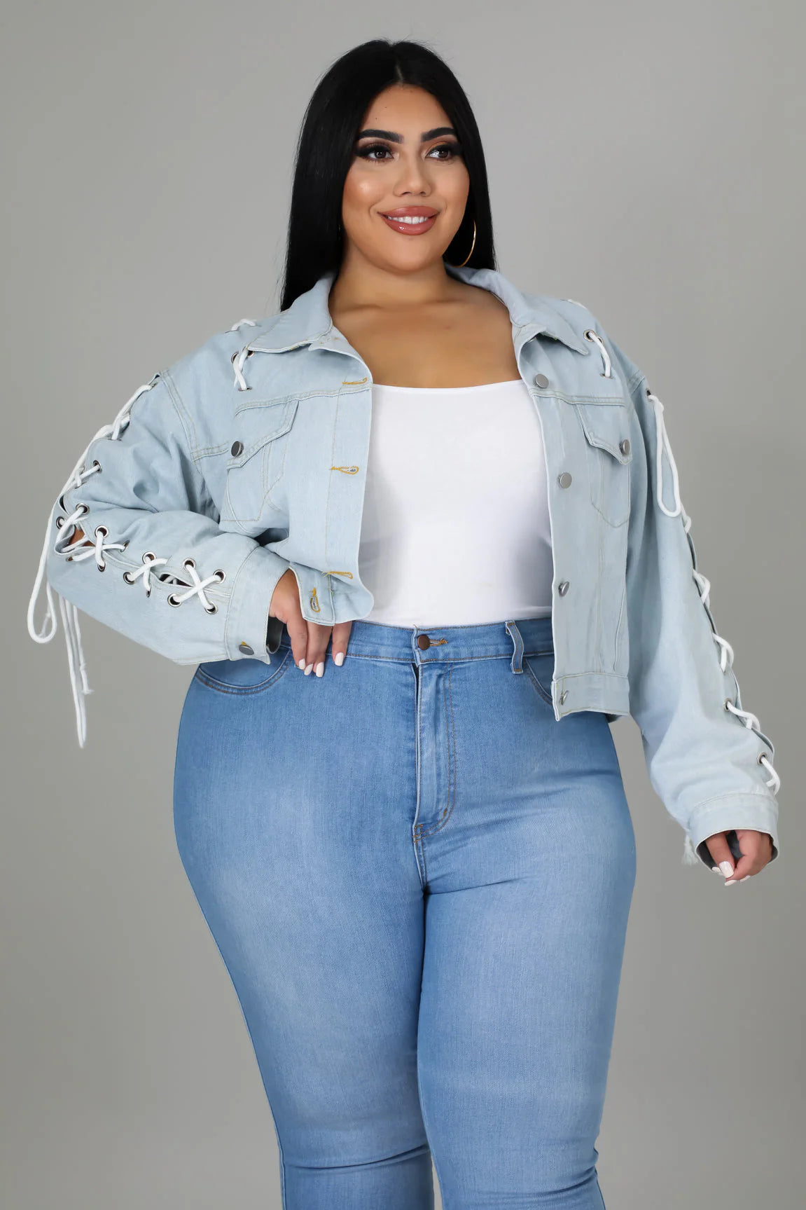 PLUS SIZE STRAIGHT LACE DENIM JACKET-LT. DENIM-32