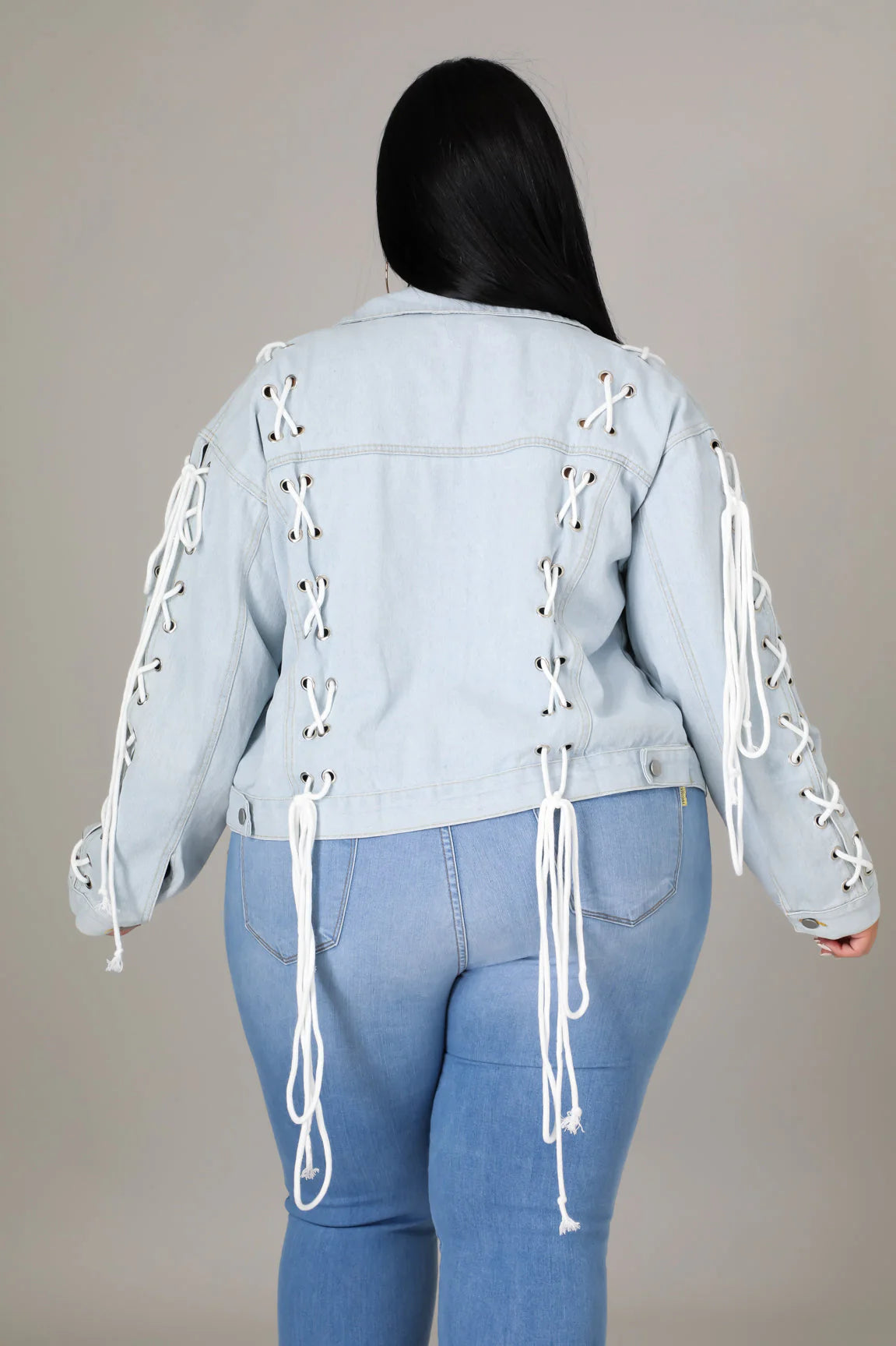PLUS SIZE STRAIGHT LACE DENIM JACKET-LT. DENIM-32