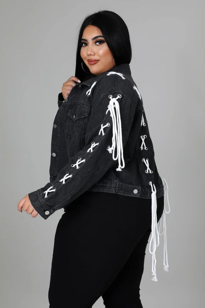 PLUS SIZE STRAIGHT LACE DENIM JACKET-BLACK-32