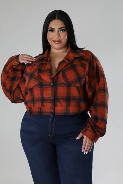 PLUS SIZE RUST PLAID BUTTON UP TOP