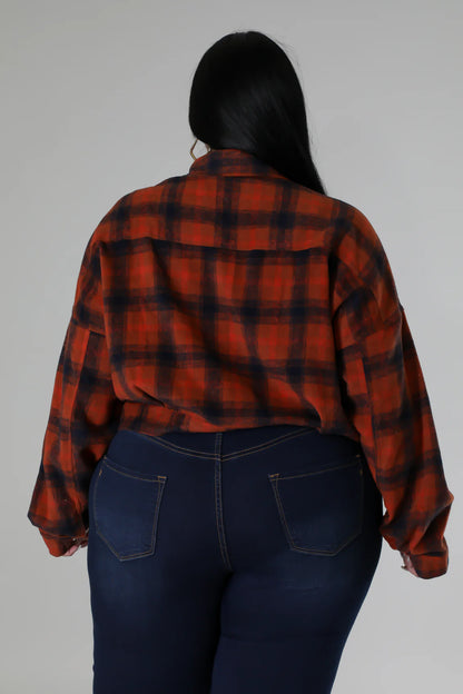 PLUS SIZE RUST PLAID BUTTON UP TOP