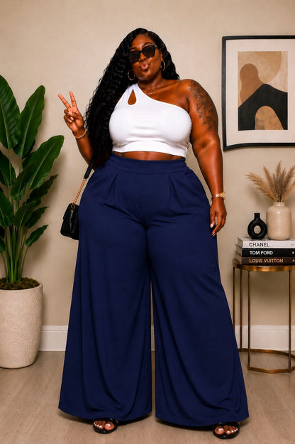 PLUS SIZE "CEO MOTION" STRETCHY PALAZZO PANTS-NAVY BLUE-38