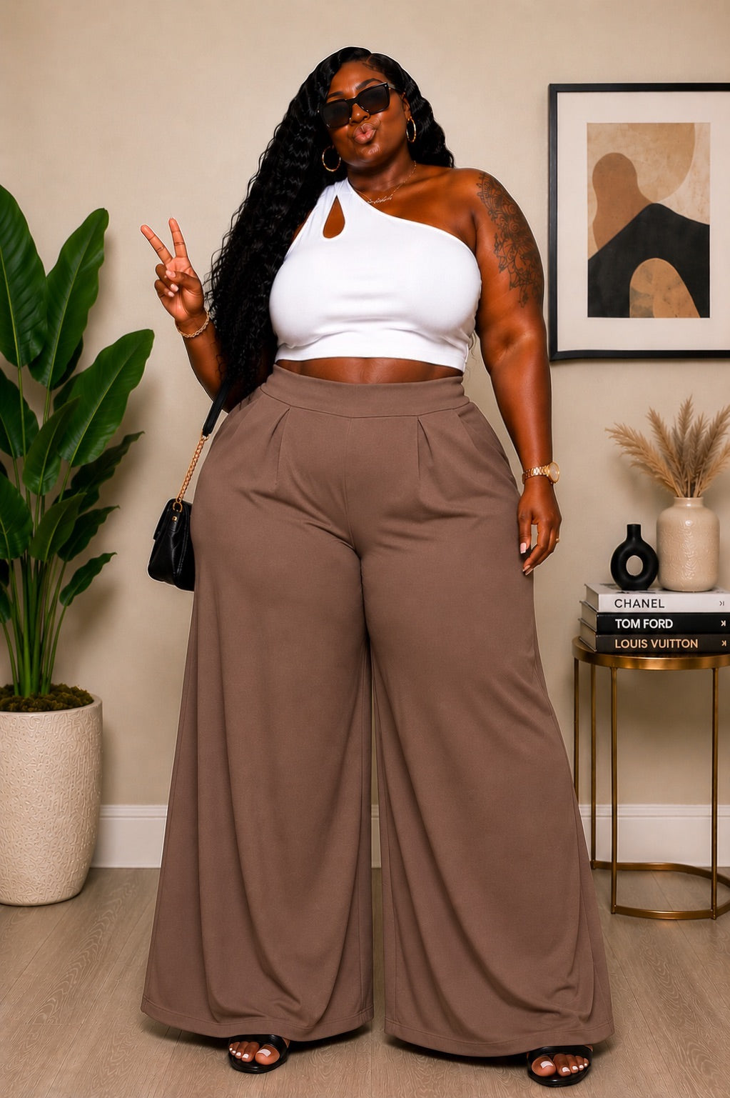 PLUS SIZE "CEO MOTION" STRETCHY PALAZZO PANTS-MOCHA-42