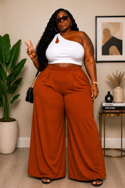 PLUS SIZE "CEO MOTION" STRETCHY PALAZZO PANTS-RUST-43