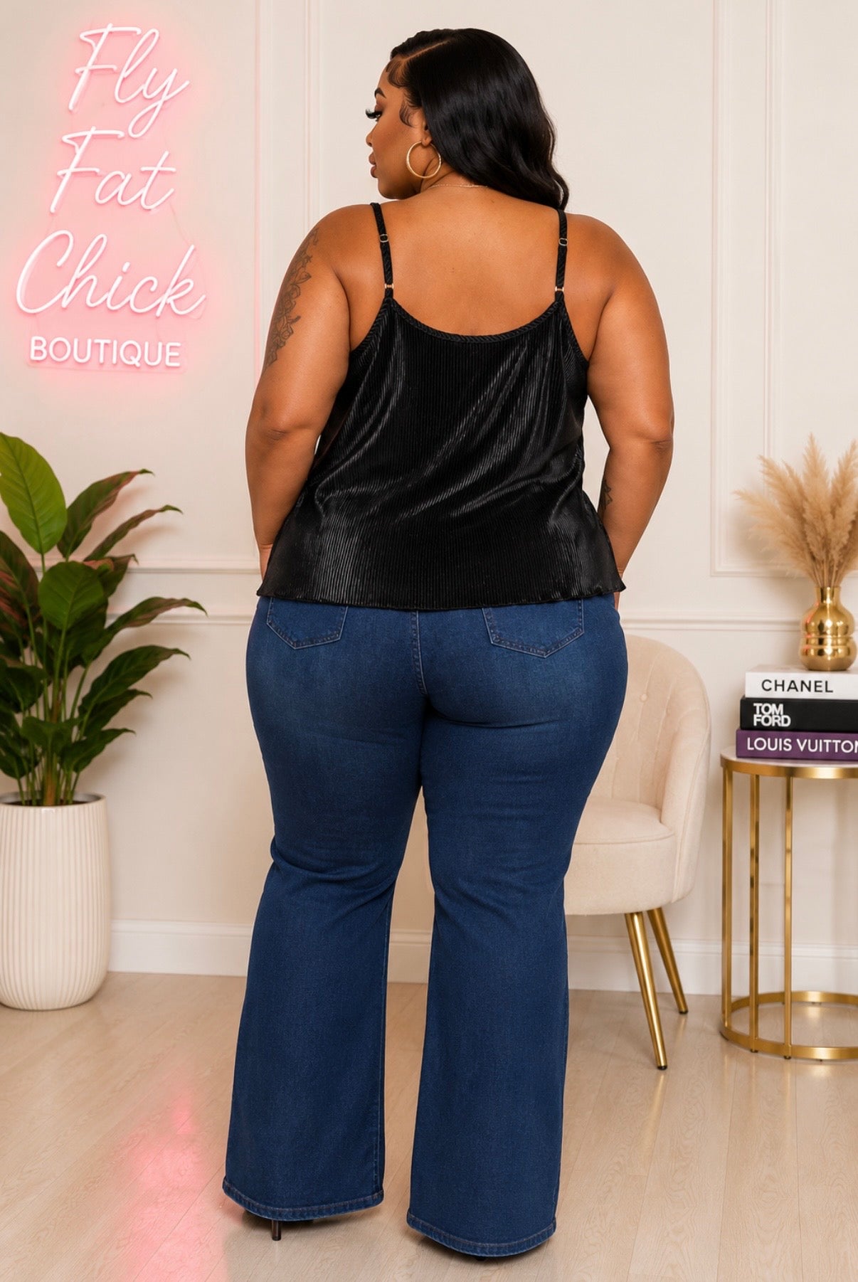 Plus Size Black Satin Sass  Pleated Cami-66