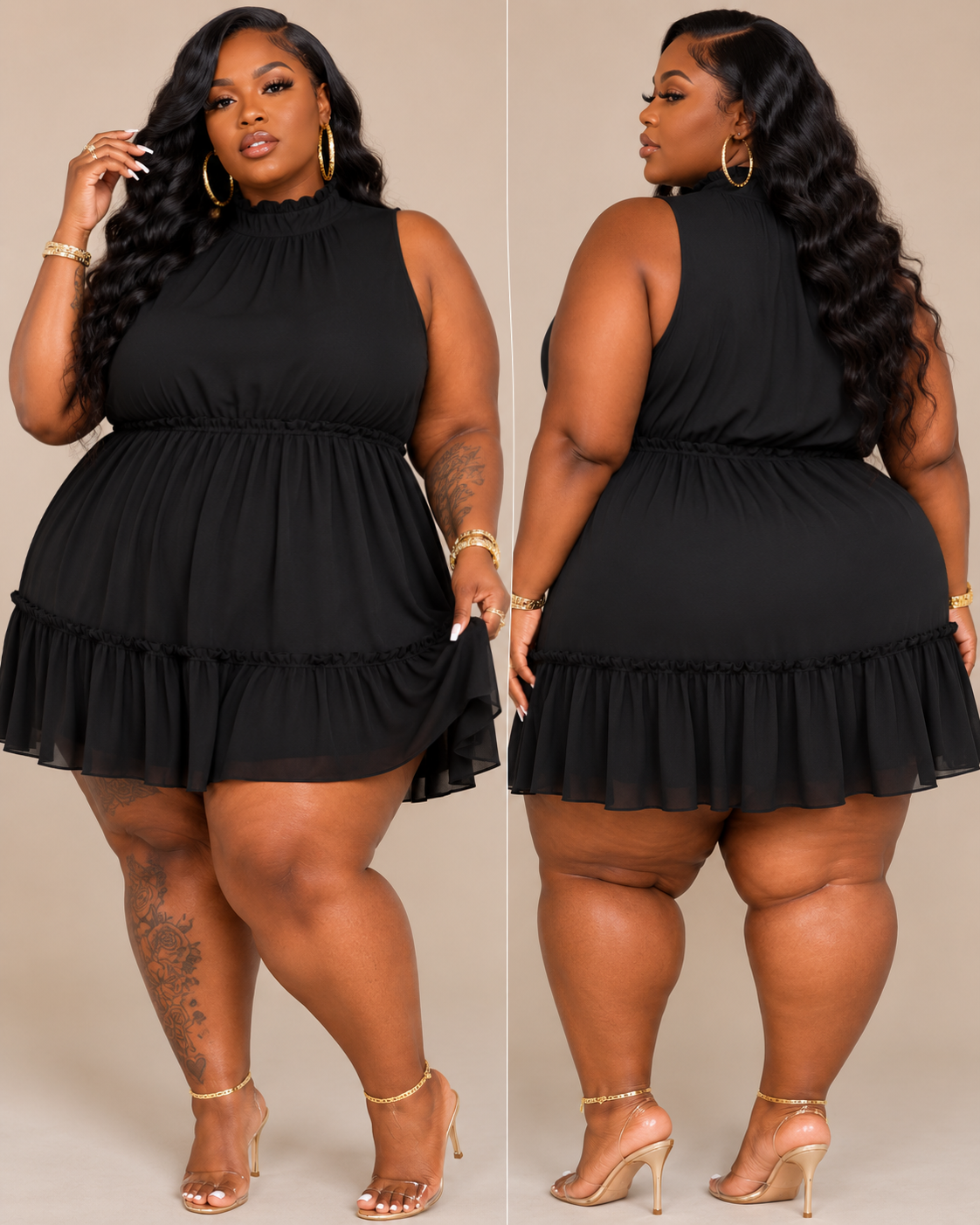 PLUS SIZE MOCK NECK SLEEVELESS RUFFLE TIER DRESS-BLACK-28