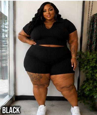 PLUS SIZE "SOMETHING SLIGHT" 2-PIECE RIBBED SHORT SET-BLACK-29