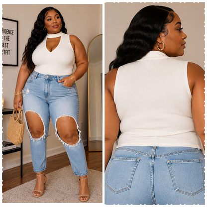 PLUS SIZE OFF WHITE CHOKER V-NECK RIBBED SLEEVELESS TOP-07